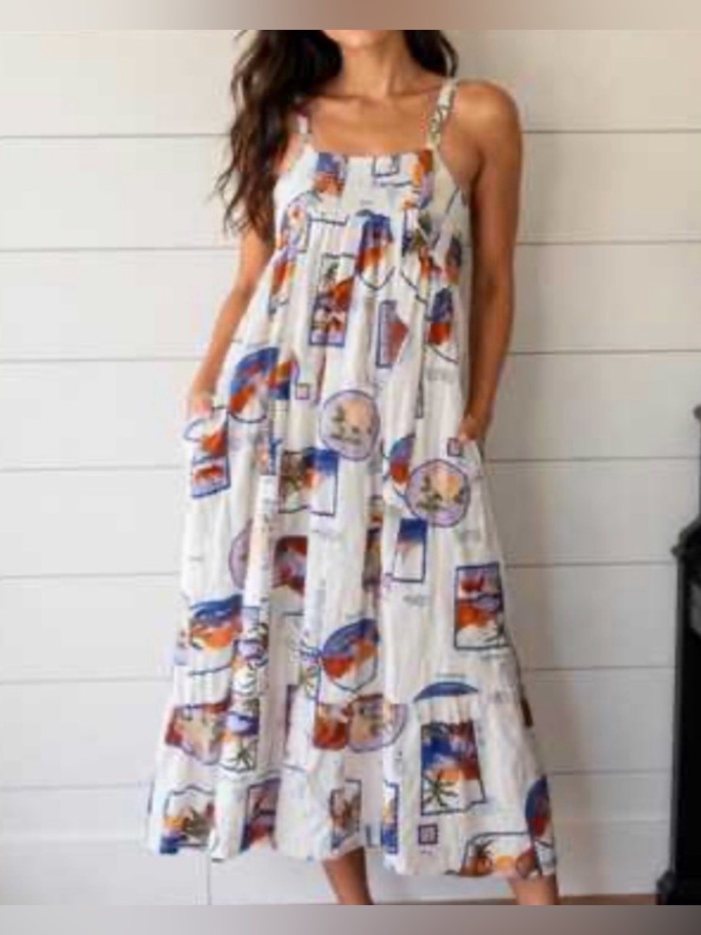 Paper Heart La Dolce Vita Postcard Print Linen Blend Maxi Dress White Blue Small